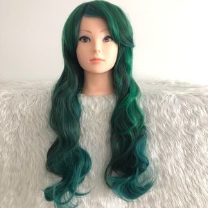 28 inches mixed green synthetic cosplay wig long wavy full wig